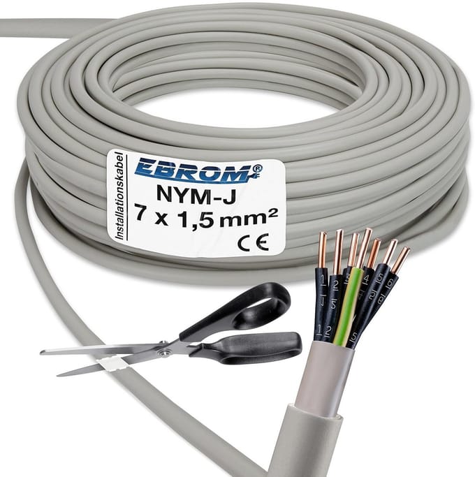 Installatiekabel NYM-J 7x1,5 mm² grijs per meter voor vaste installatie