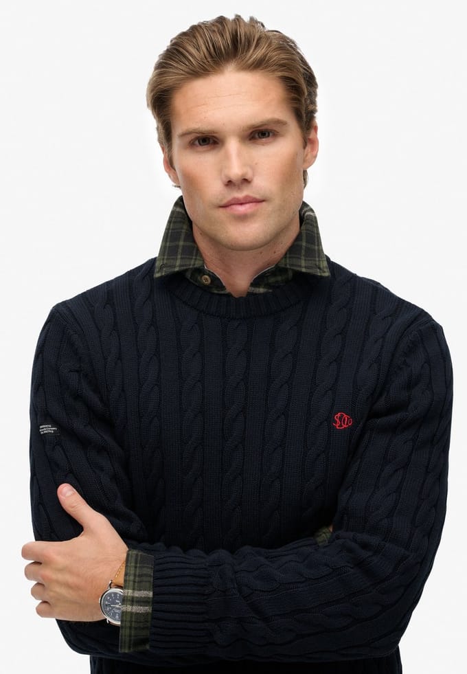 Superdry - Katoenen Kabelgebreide Crew Trui - Heren - Sweaters