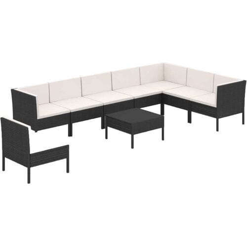 vidaXL - 9-delige - Loungeset - met - kussens - poly - rattan - zwart
