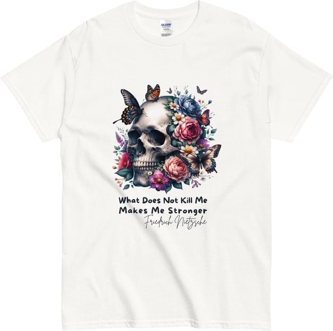Inspirerend Tshirt met Doodshoofd en Vlinders - Quote: Makes me Stronger - Vrouwen en Mannen - Wit - M
