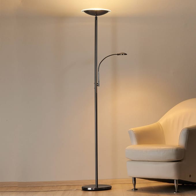 Lindby LED vloerlamp Malea, nikkel, leeslamp, dimbaar