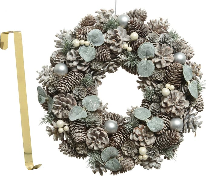 Kerstkrans - gedecoreerd - 34 cm- kunststof - incl. messing deurhanger