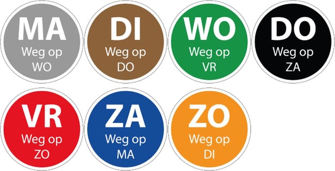 Set ma t/m zo dagsticker met weg op, 7 stuks 30 mm - 800 per rol