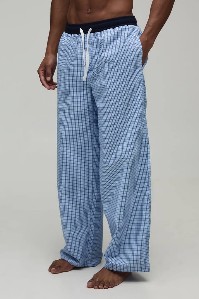 Loungebroek Met Rechte Pasvorm, Microruit En Contrasterende Tailleband | Blue | Size Small