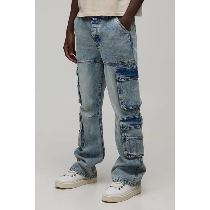 Gewassen Relaxed Fit Cargo Flared Jeans | Stonewash | Size 28R