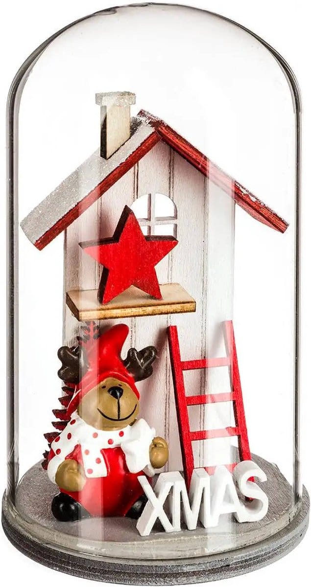 Glazen koepel met houten kersthuisje, 12 cm