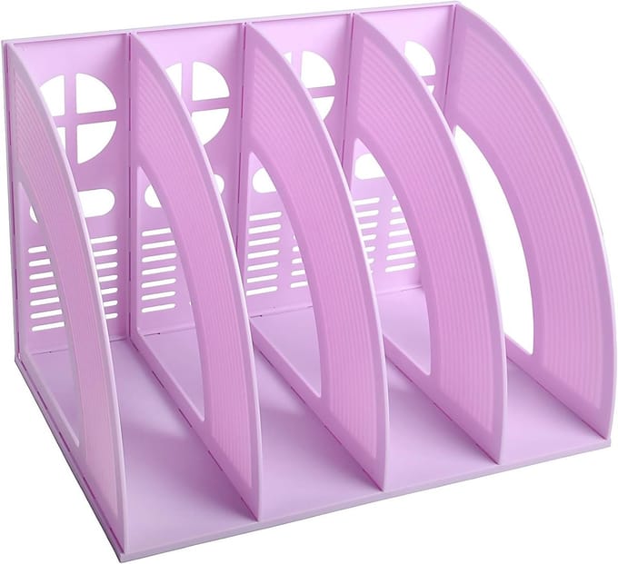 Desk File Organiser met 4 Compartimenten, Plastic Tijdschrift Houder en Documenten Organizer, Paars Kantooraccessoire voor Efficiënte Opslag