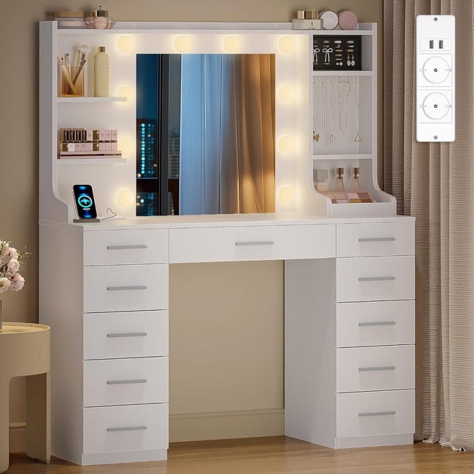 Kaptafel met LED-verlichting en spiegel, wit, 40 x 108 x 145 cm