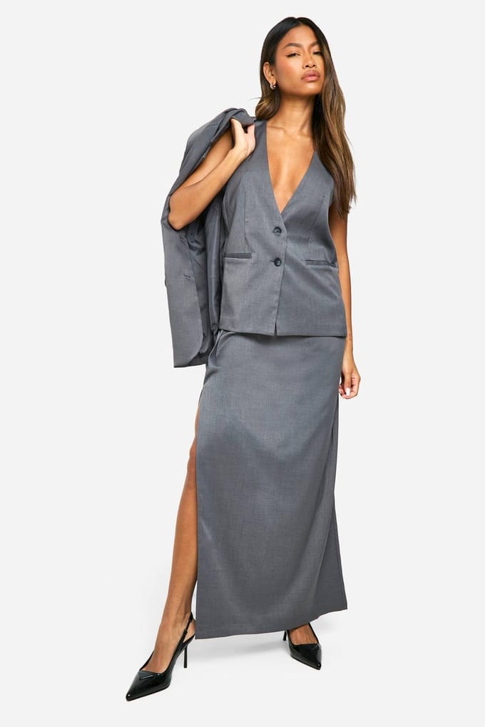 boohoo Dames Marl Plunge Front Longline Weste | Charcoal | Maat: 12