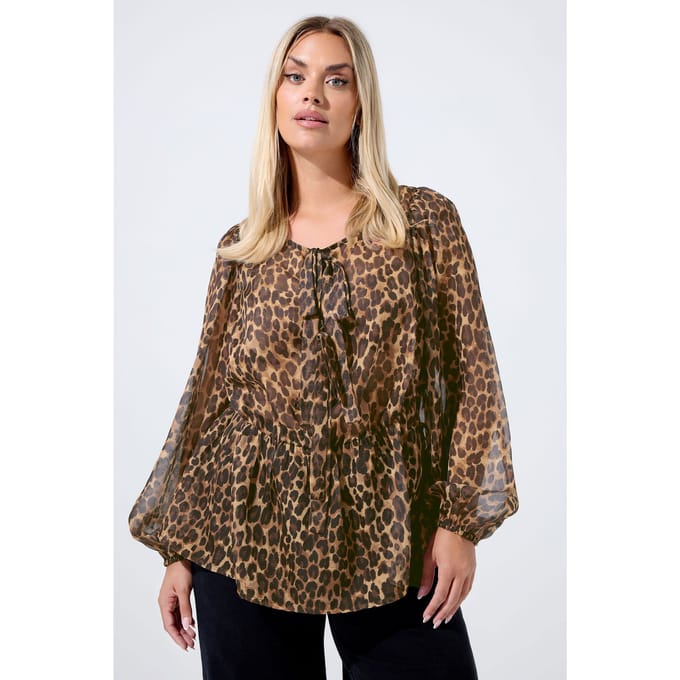 Limited Collection Bruine Luipaard Strik Voorkant Blouse Size 44