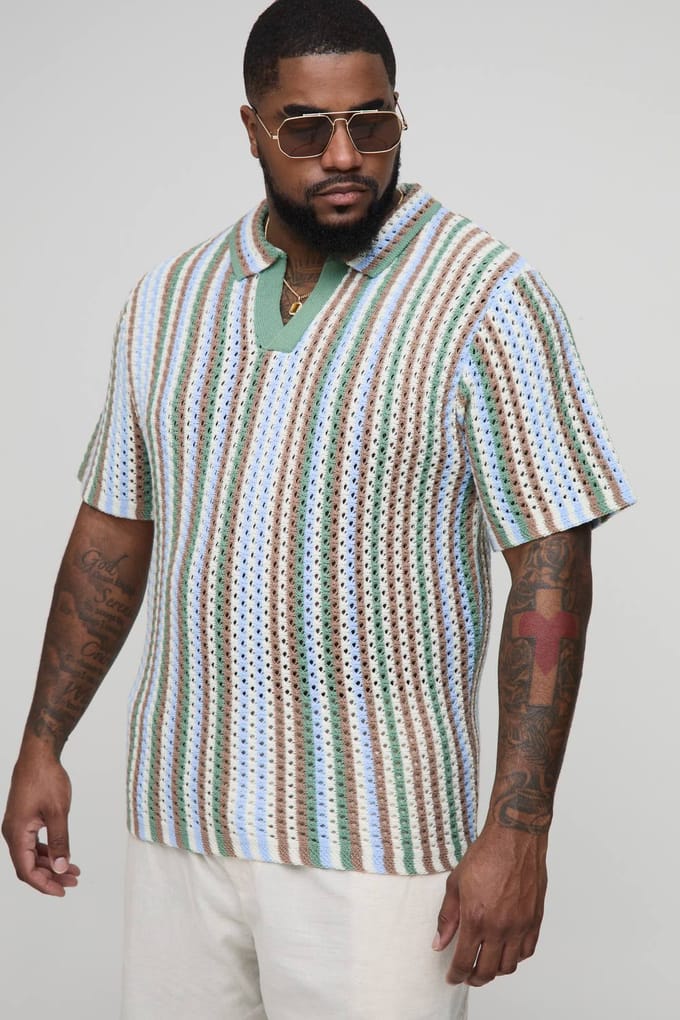 Plus Stripe Crochet Regular Fit Polo Shirt | Khaki | Size 2XL