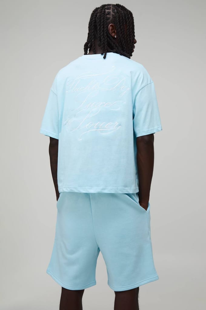 Oversized Boxy T-shirt & Baggy Short Set Met Geborduurd Luxe Jacht Motief | Blue | Size Medium