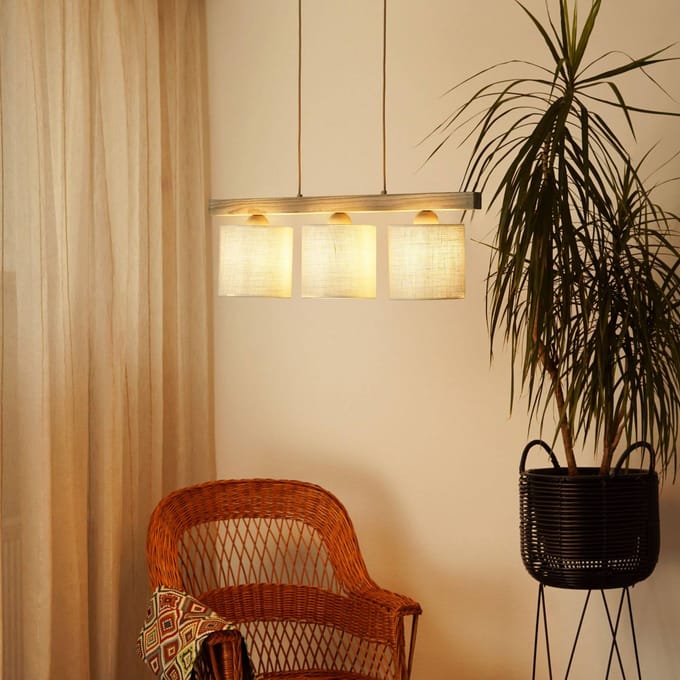 Duolla Hanglamp Forest, 3-lamps, hout licht, jute wit