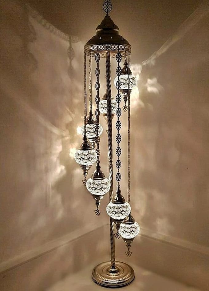 Turkse Lamp - Vloerlamp Mozaïek - 7 Bollen - Handgemaakt Wit met Multicolour Ster