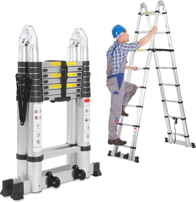 Telescoopladder Aluminium - Uittrekbare ladder - Veelzijdig Klussen - Met Stabilisatoren Wielen - 5 Meter Hoog - Zilverkleurig