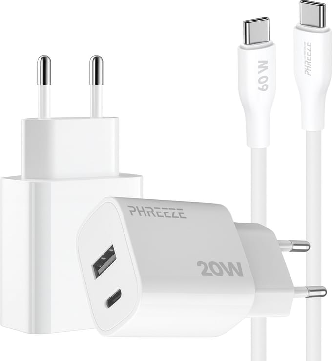 Phreeze usb C adapter 20w met usb C naar usb C kabel 1 meter - Snellader met 2 poorten Quick Charge en Power Delivery oplader