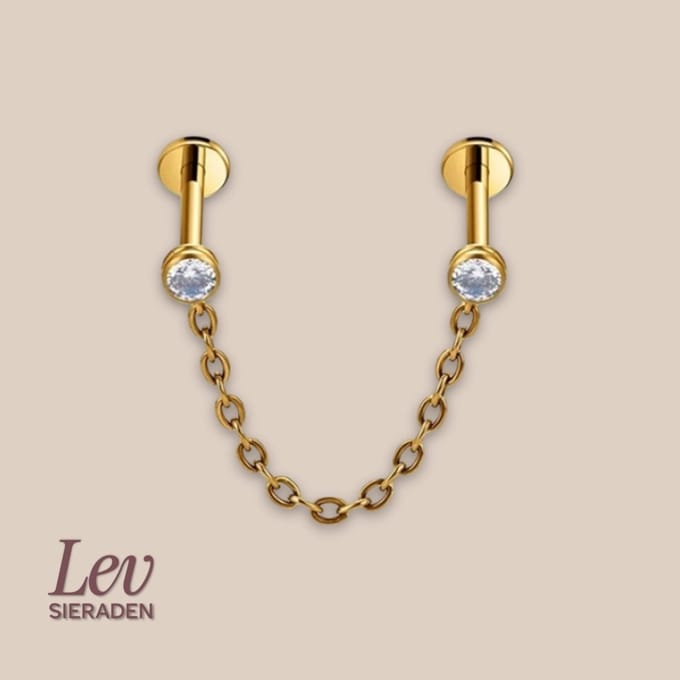 Lev Sieraden - Goud kleur Titanium Dubbel 1.2 Titanium Push Pin Labret met ketting en steen