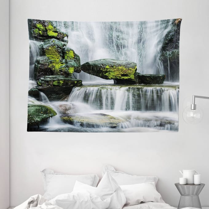 ABAKUHAUS Landschapstapijt, waterval met rotsen, 150 x 110 cm, groen