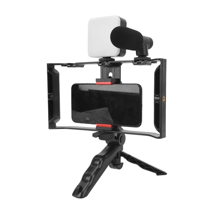 Telefoon Livestreaming Kit met Invullicht Microfoon Geluidskabel Telefoonkooi Handheld Statief Telefoon white