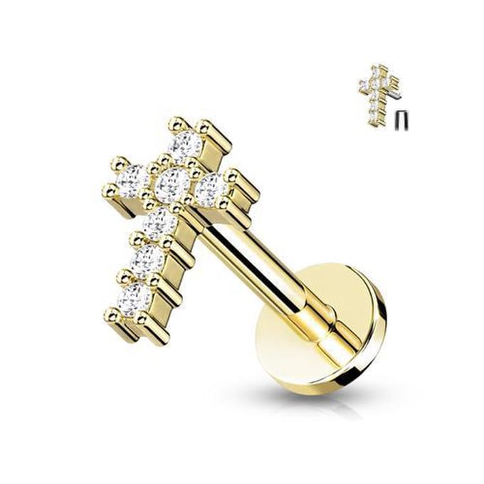 Piercing gemmed kruis 1.2x6 mm - goud - LMPiercings