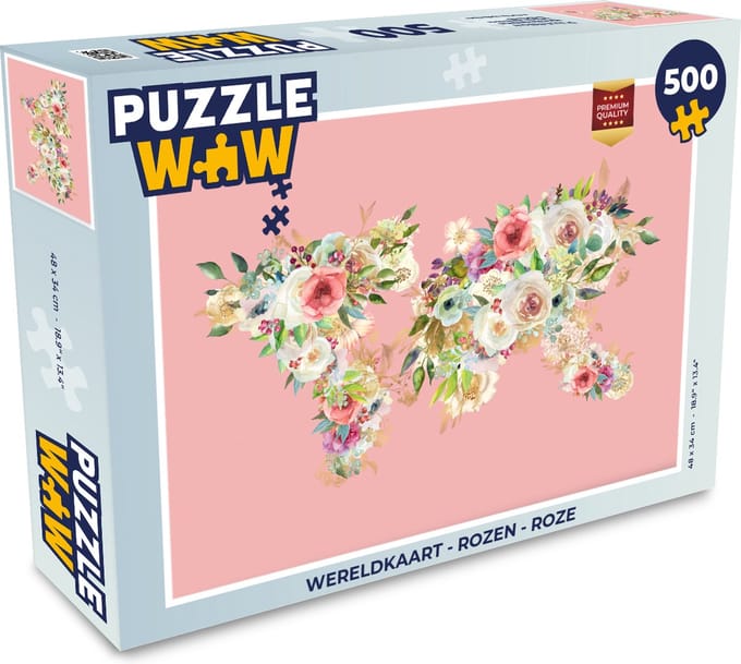 Puzzel Wereldkaart - Rozen - Roze - Legpuzzel - Puzzel 500 stukjes