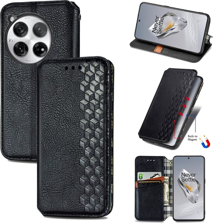 Luxe PU Lederen Ruitpatroon Wallet Case + PMMA Screenprotector voor OnePlus 12 _ Zwart