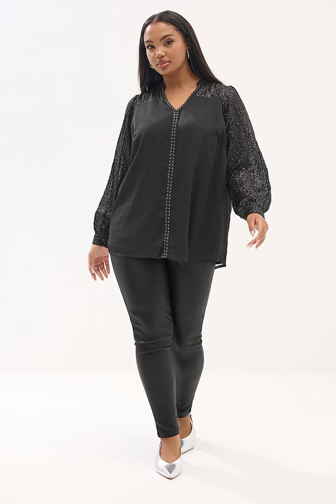 Yours Zwarte Blouse Met Stud Detail En Inkeping Aan De Hals Size 46