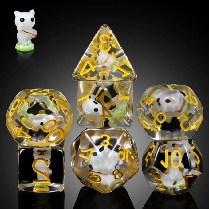 Dobbelstenen Set - RPG Dobbelstenen - Tafelspellen Spelen - Witte Kat Design - 7 stuks - Wit