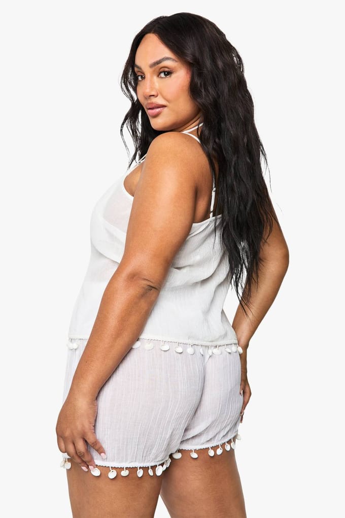 boohoo Dames Plus Strandshorts met Schelpenversiering | White | Maat: 26
