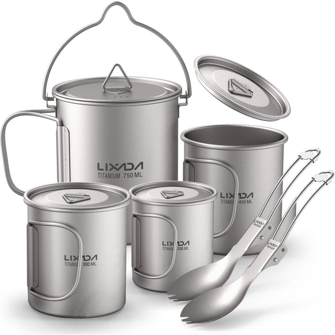 Ensemble léger de 6 pièces en Ti, pot de 750 ml, gobelet d'eau de 450 ml, 350 ml et 200 ml avec couvercle pliable 6pcs gray