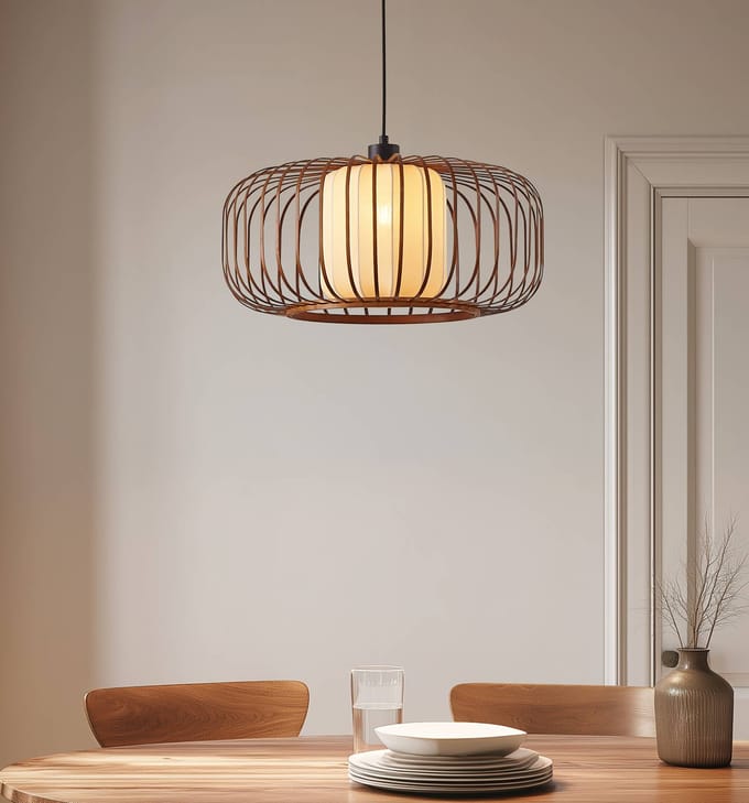 Lindby - Hanglamp - 1licht - Bamboe, textiel, metaal - H: 24.5 cm - E27 - Donker hout, beige