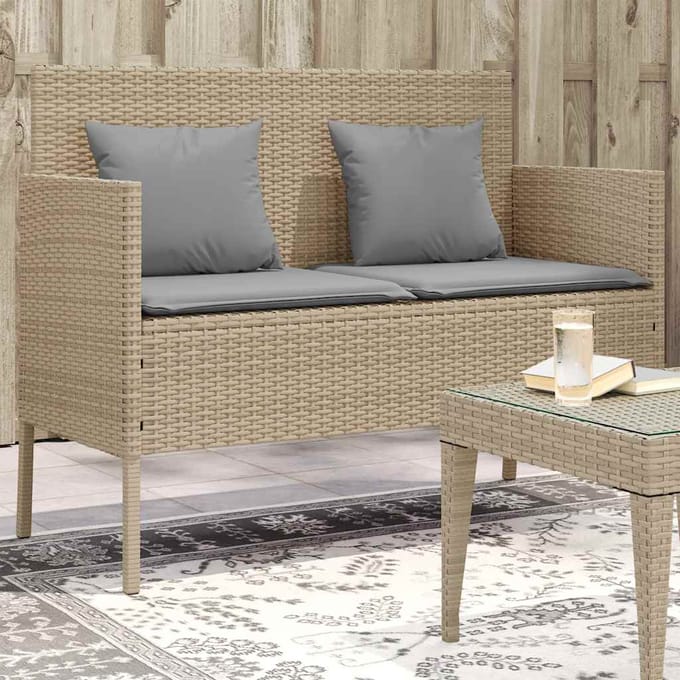 vidaXL - Tuinbank - met - kussens - poly - rattan - beige