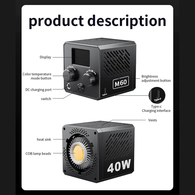 Draagbare COB Videolamp Handheld Fotografie Vullicht 40W 2500K-6500K Dimbaar 9 Scène Verlichting EU Plug