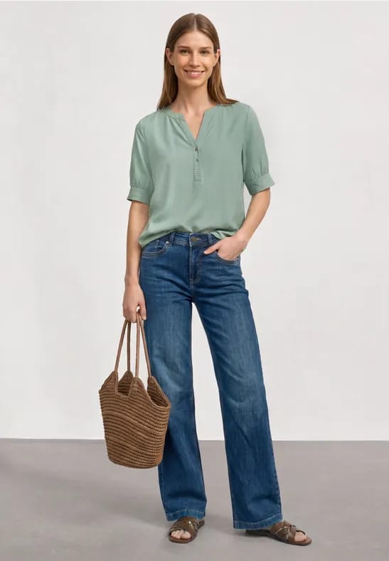 Blouse met korte mouwen, split in de hals en elastische zoom