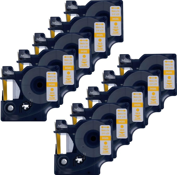 DULA Dymo D1 45815 Compatible label tape - 10 lettertapes - Goud op transparant - 19mm x 7m