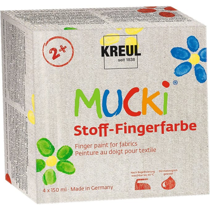 Mucki textiel vingerverf - 4 x 150 ml vingerverf voor textiel - kleuren geel, rood, blauw & groen