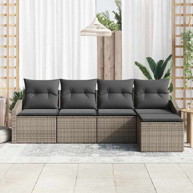vidaXL Bankstel met kussen met opslag 5 pcs Grijs poly rattan