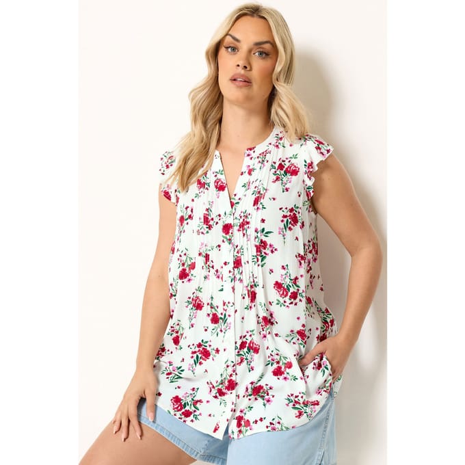 Yours Witte Mouwloze Top Met Bloemenprint En Plooitjes Size 50-52