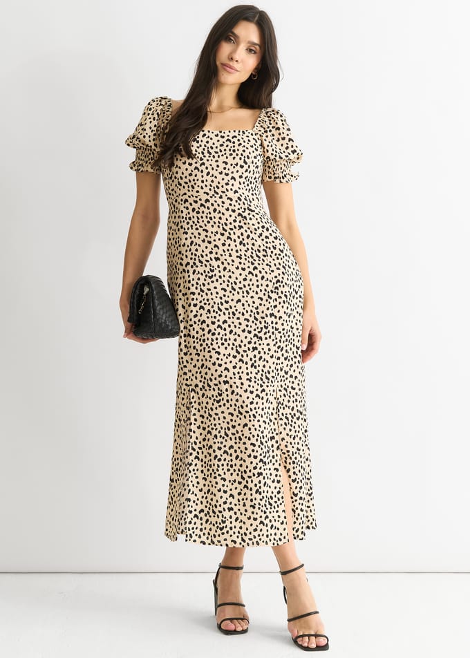 Beige Dierenprints Split Viscose Midi Dress