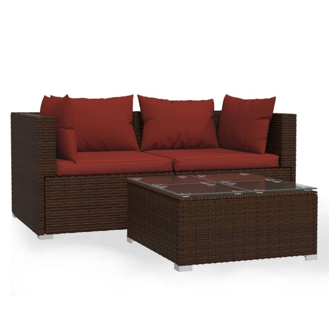 vidaXL - 3-delige - Loungeset - met - kussens - poly - rattan - bruin