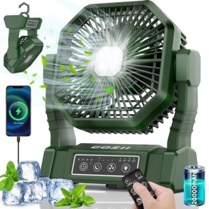 Thuys - Campingventilator met 20000 mAh accu, tafelventilator, USB ventilator, LED-licht, 4 snelheden, timer en afstandsbediening