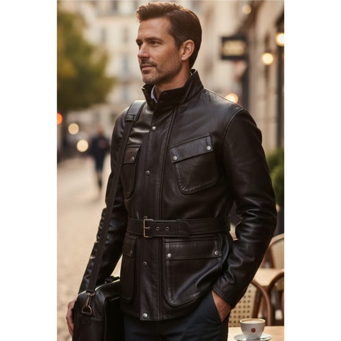 Heren Zwarte Lamsleren Safari Parka Jas - Haven