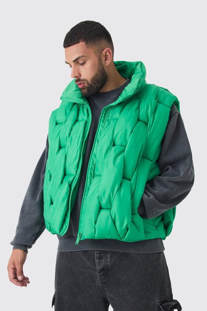 Plus Boxy Fit Handgewoven Gevoerd Gilet in Groen | Green | Size 3XL
