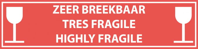 Zeer breekbaar 3-talig sticker, oranje wit 200 x 50 mm