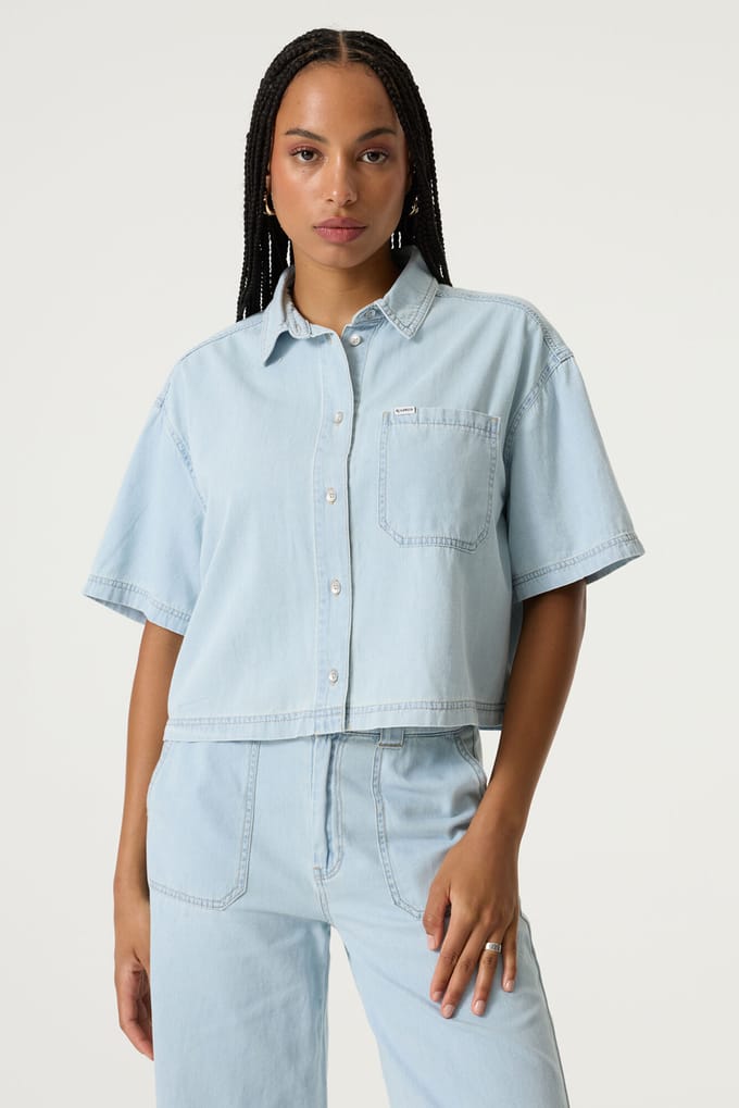 GARCIA Dames Effen Blouse Blauw Korte mouw