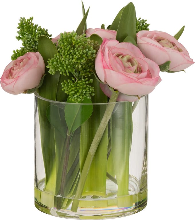 J-Line bloem Ranonkel In Vaas - kunststof - glas - roze/groen - small
