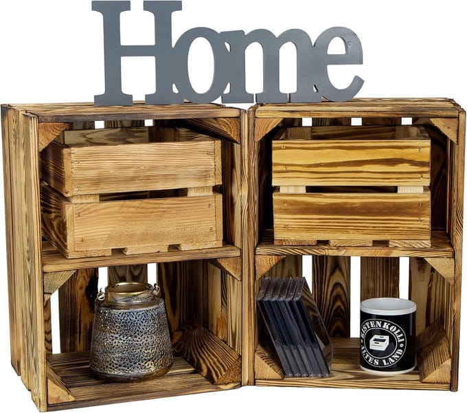 Set van 2 Gevlamde Houten Opbergkisten 40x30x25 cm Houtkratten Multipurpose