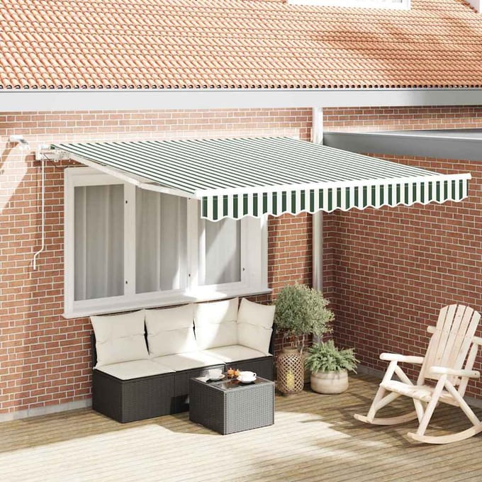 vidaXL - Uitschuifbare - luifel - Groen - en - Wit - 300 - x - 250 - cm - Polyester