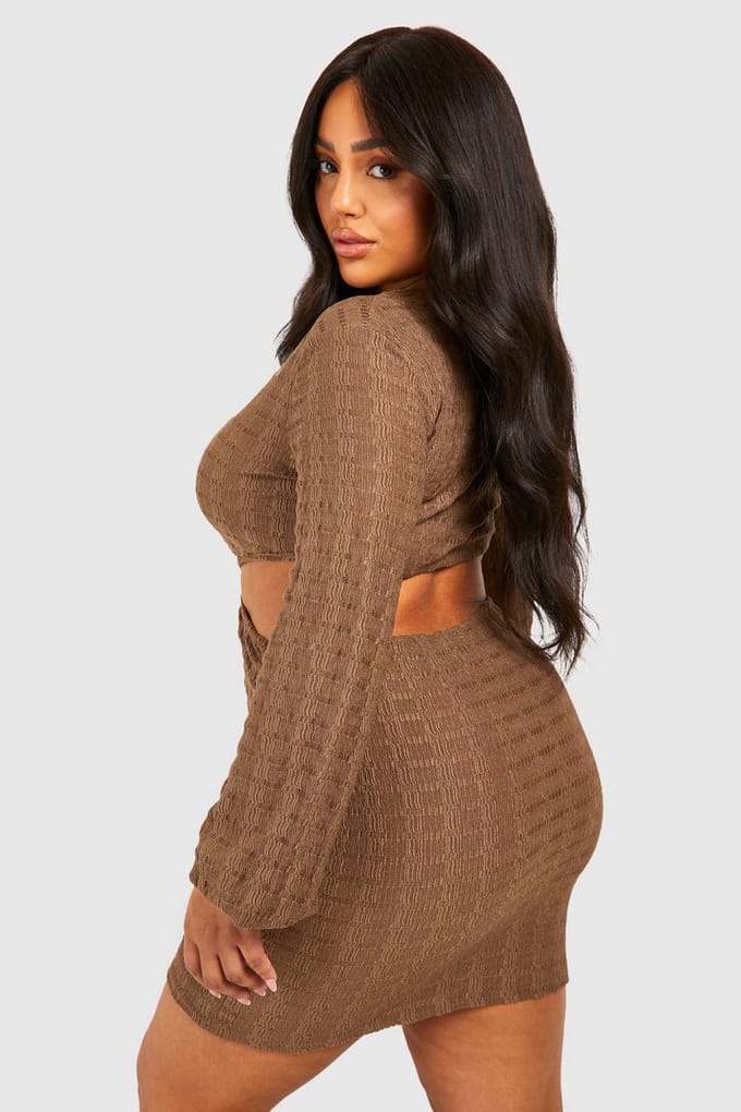 boohoo Dames Plus Jersey Gebreide O-Ring Strandjurk | Chocoladebruin | Maat: 54