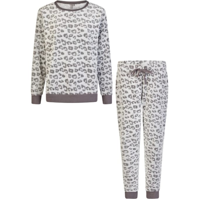 By Louise Dames Huispak Fleece Broek + Sweater Grijs Panterprint - Maat M